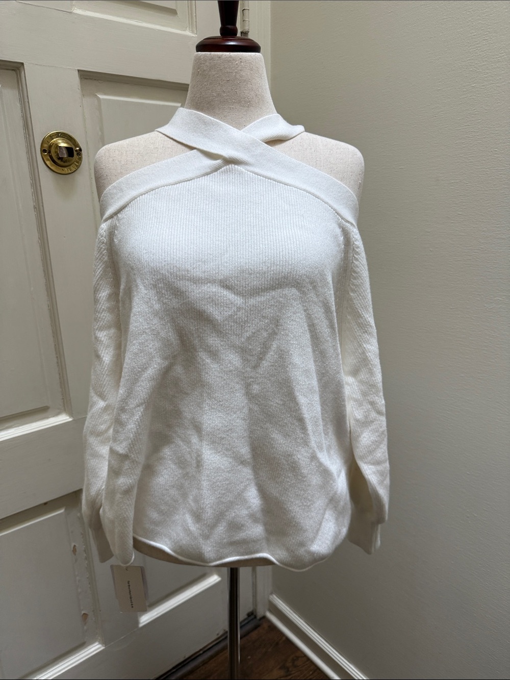 Commense White Off-the-Shoulder Cross-Neck Sweater
